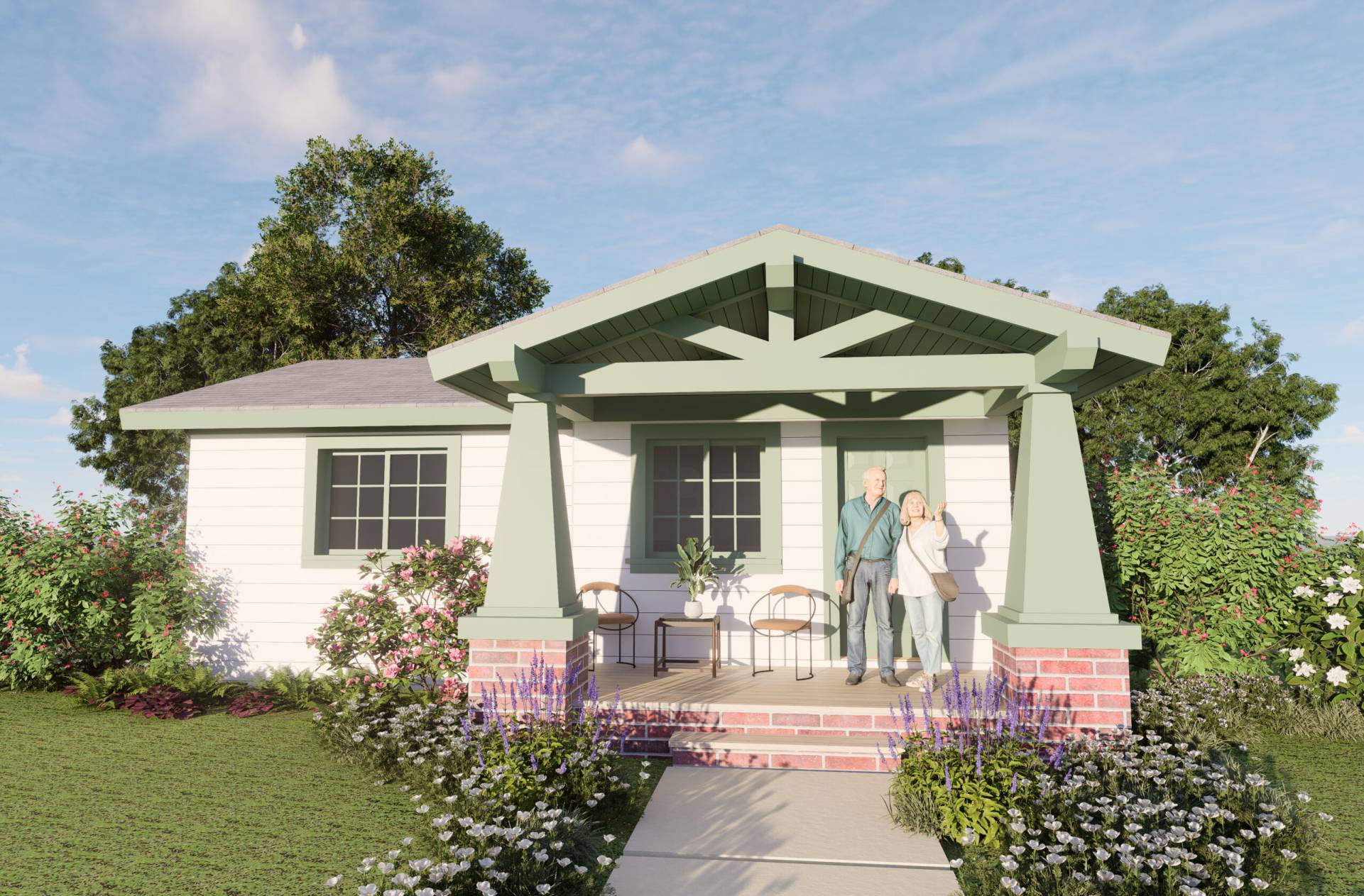 Craftsman Bungalow One Bedroom Cottage Home Front Rendering